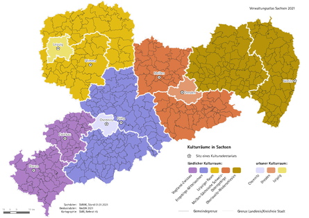 In einer Karte des Freistaates Sachsen sind die acht Kulturräume dargestellt. Die drei Kreisfreien Städte Chemnitz, Dresden und Leipzig bilden jeweils einen urbanen Kulturraum. Dazu kommen fünf ländliche Kulturräume, gebildet jeweils aus zwei Landkreisen.